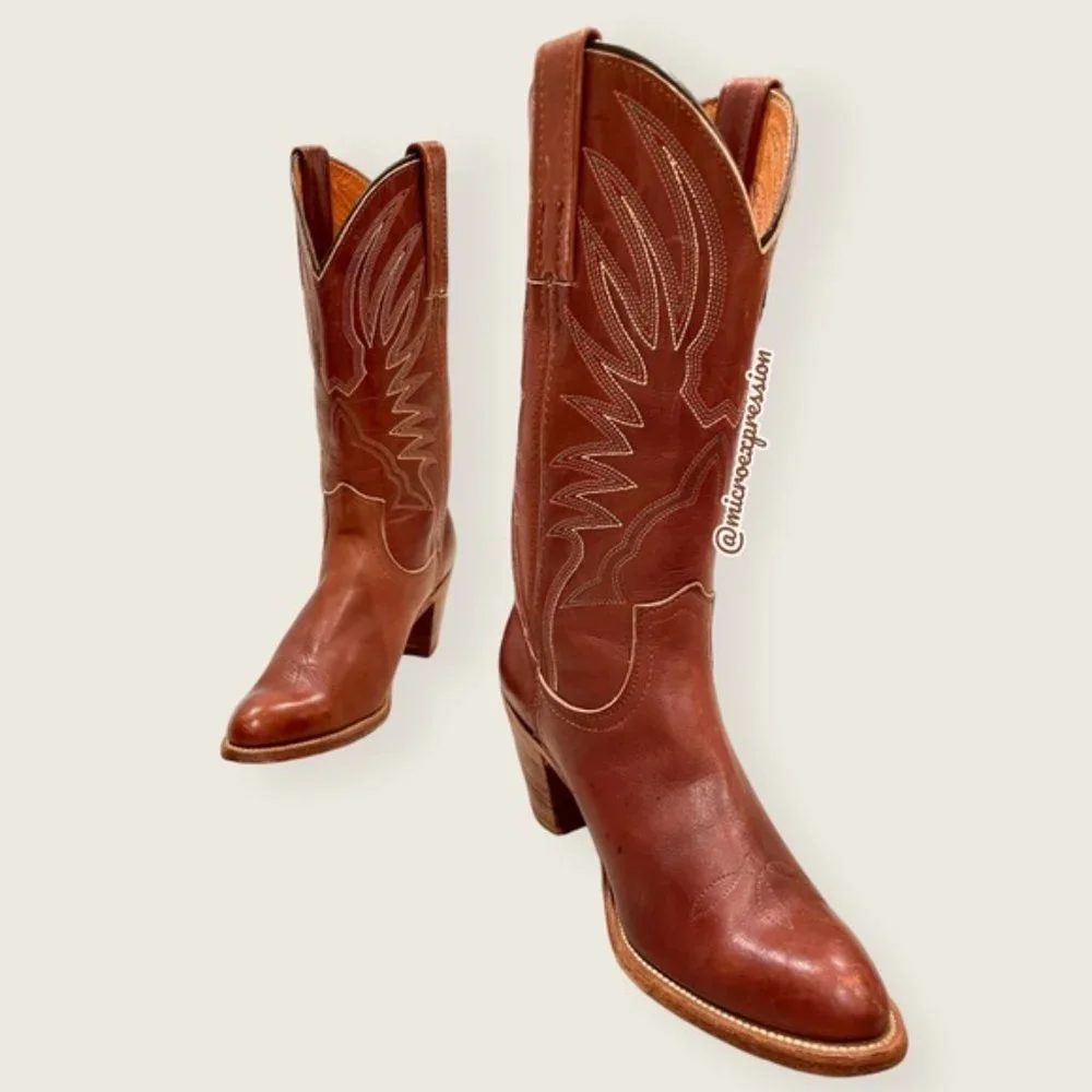 1990s VINTAGE Frye Billy Pull-On Cognac Leather Embroidered Festival Cowboy Boot